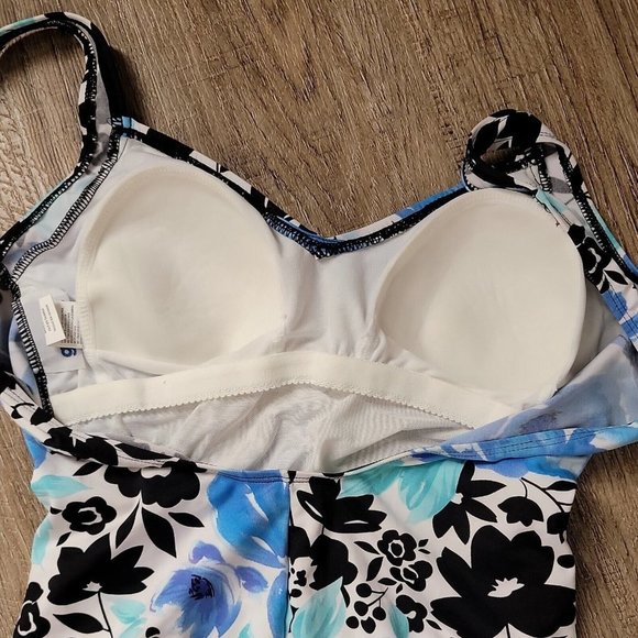 Gabar Ruched One-Piece Slimming Swimsuit ~ Sz 12 ~ Blue & White Floral - Picture 4 of 5